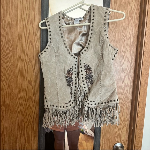 Newport News Jackets & Blazers - Leather Vintage Floral Studded Vest with fringe